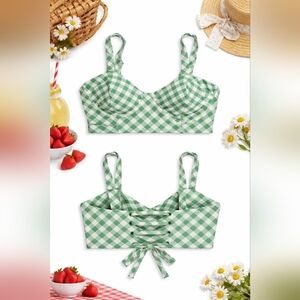 UNIQUE VINTAGE SWIM Bikini Top Womens Medium Green White Gingham Coquette NWT